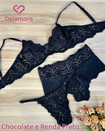 CONJUNTO TRIO RENDADO SUTIÃ SEM BOJO E COM ARO