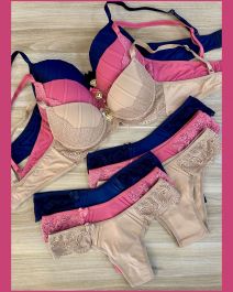 CONJUNTO TRIO PRE MOLDADO RENDA COM BOJO TACTEL PREGAS COM FIO E TANGA